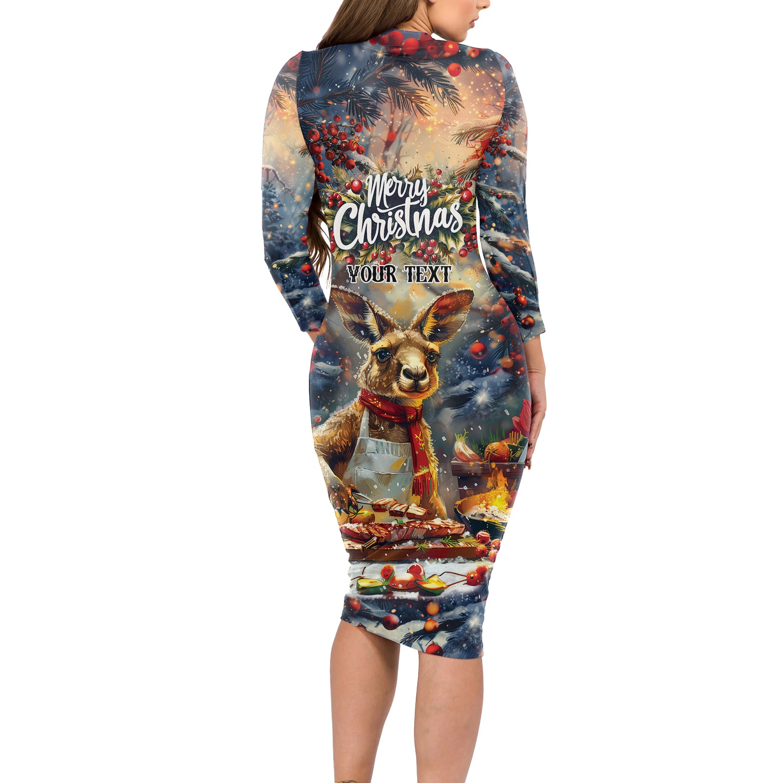 Personalised Kangaroo Chef Christmas in July Long Sleeve Bodycon Dress