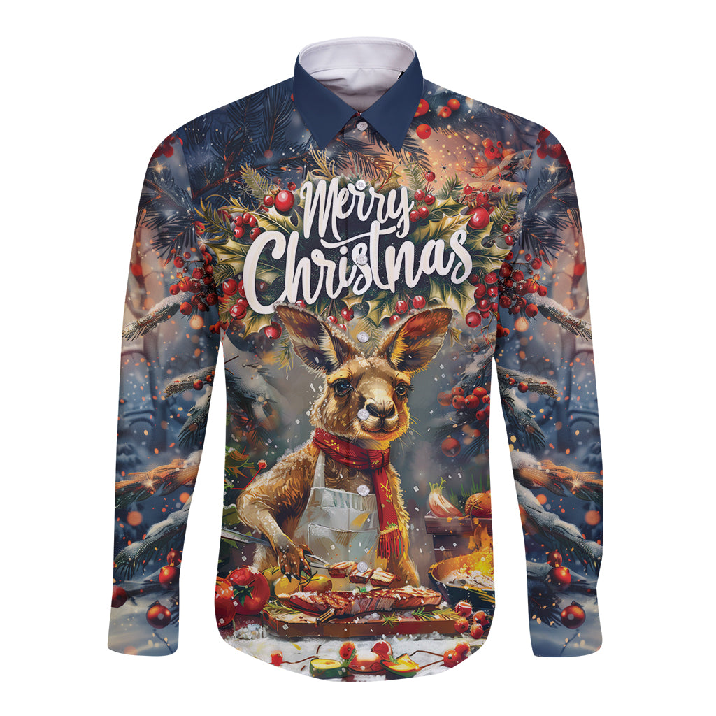 Personalised Kangaroo Chef Christmas in July Long Sleeve Button Shirt
