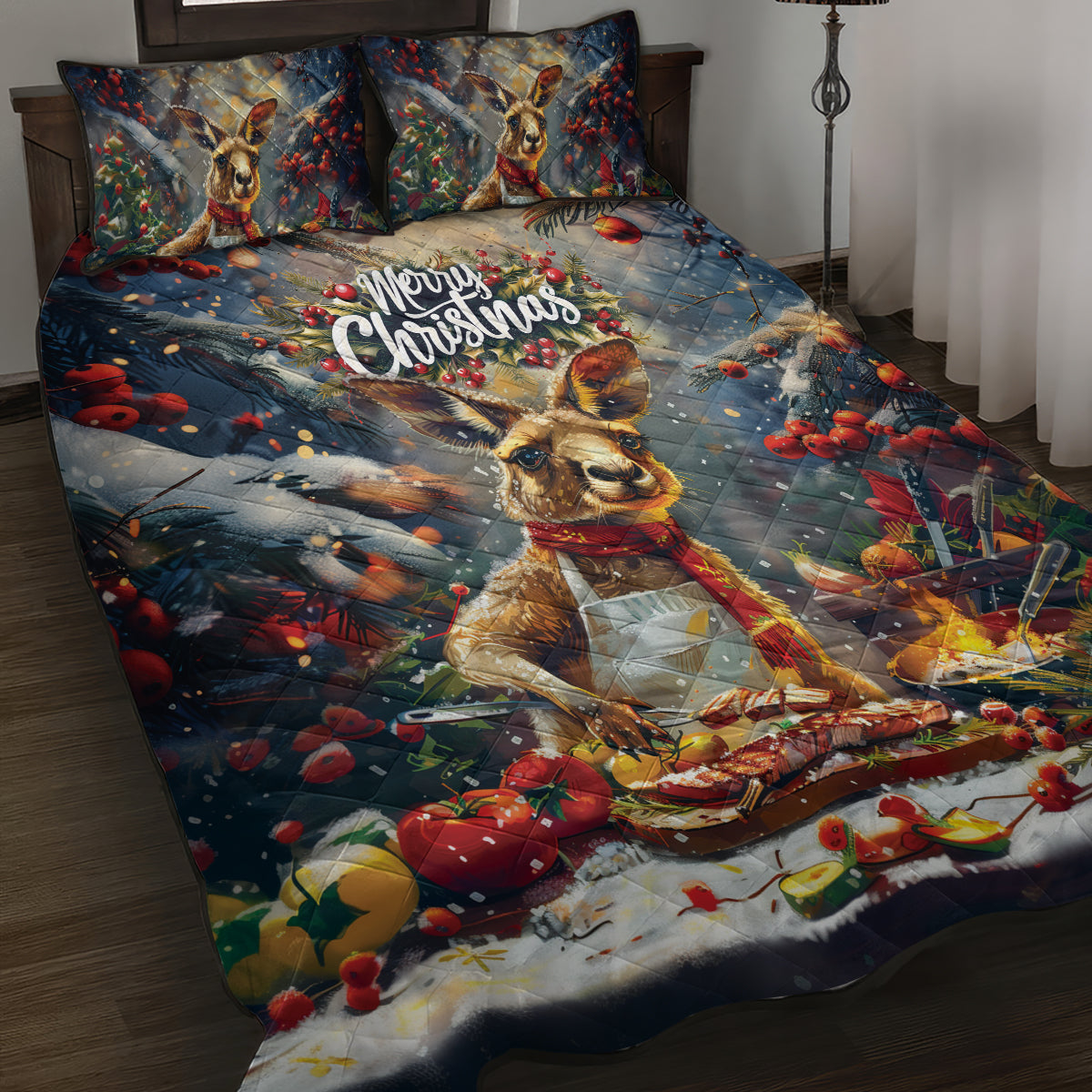 Kangaroo Chef Christmas in July Quilt Bed Set