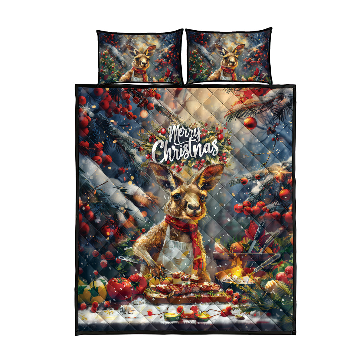 Kangaroo Chef Christmas in July Quilt Bed Set