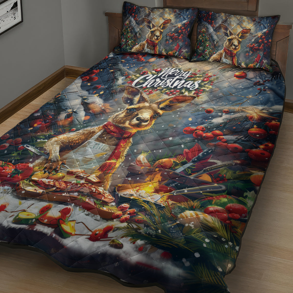 Kangaroo Chef Christmas in July Quilt Bed Set
