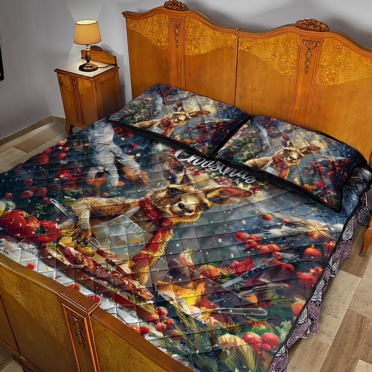 Kangaroo Chef Christmas in July Quilt Bed Set