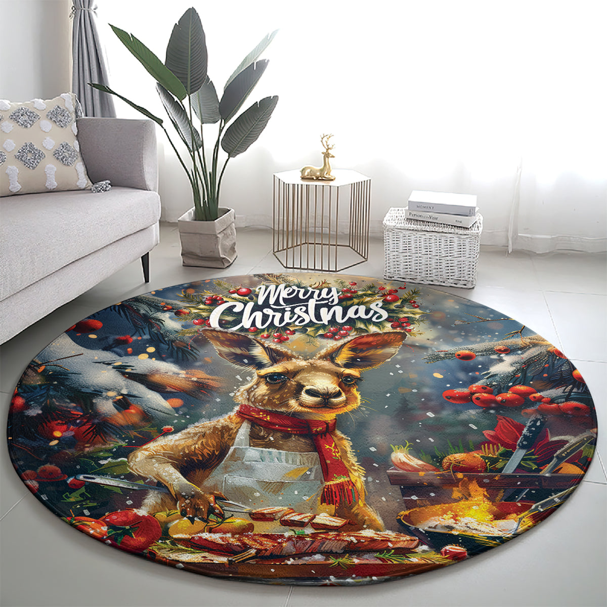 Kangaroo Chef Christmas in July Round Carpet