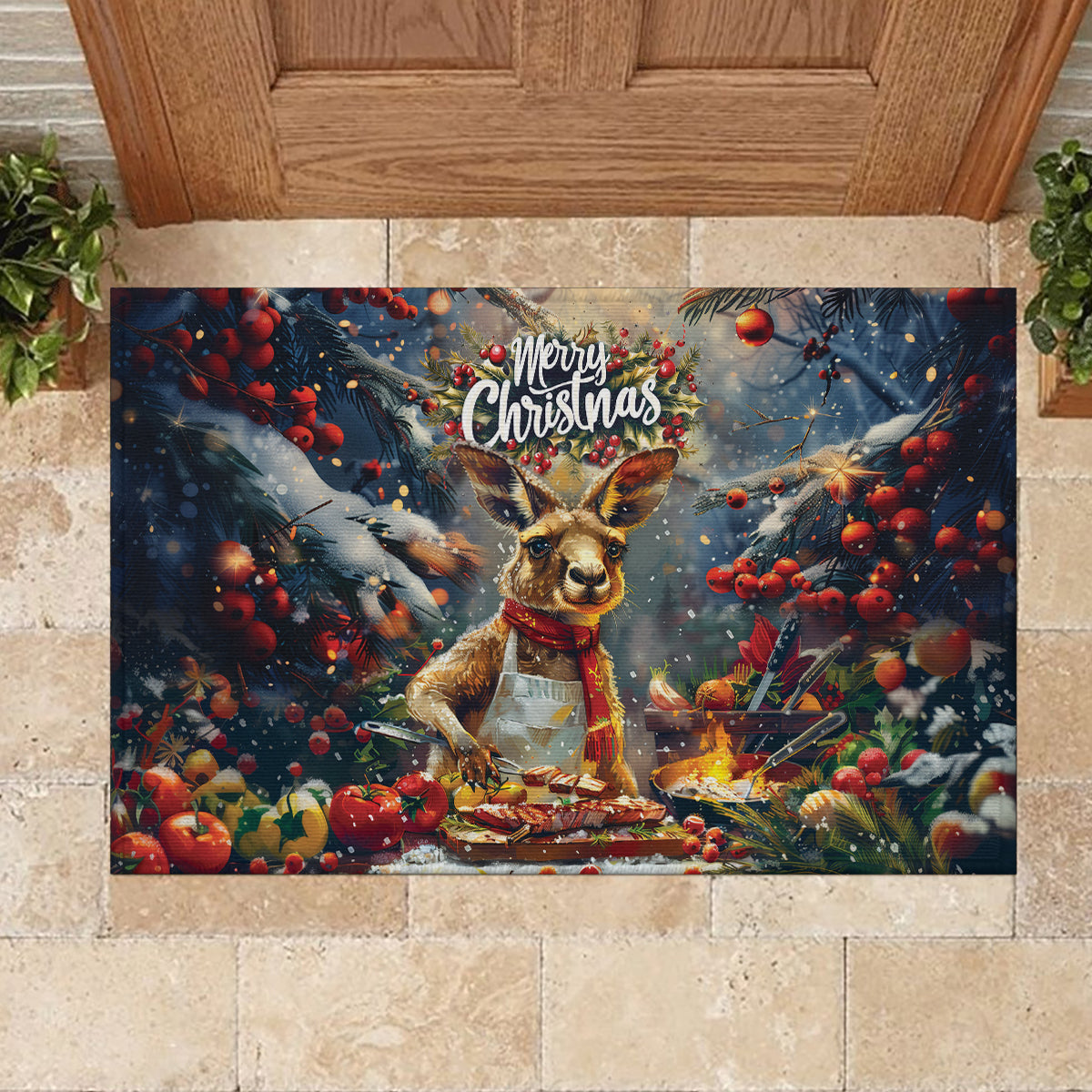 Kangaroo Chef Christmas in July Rubber Doormat