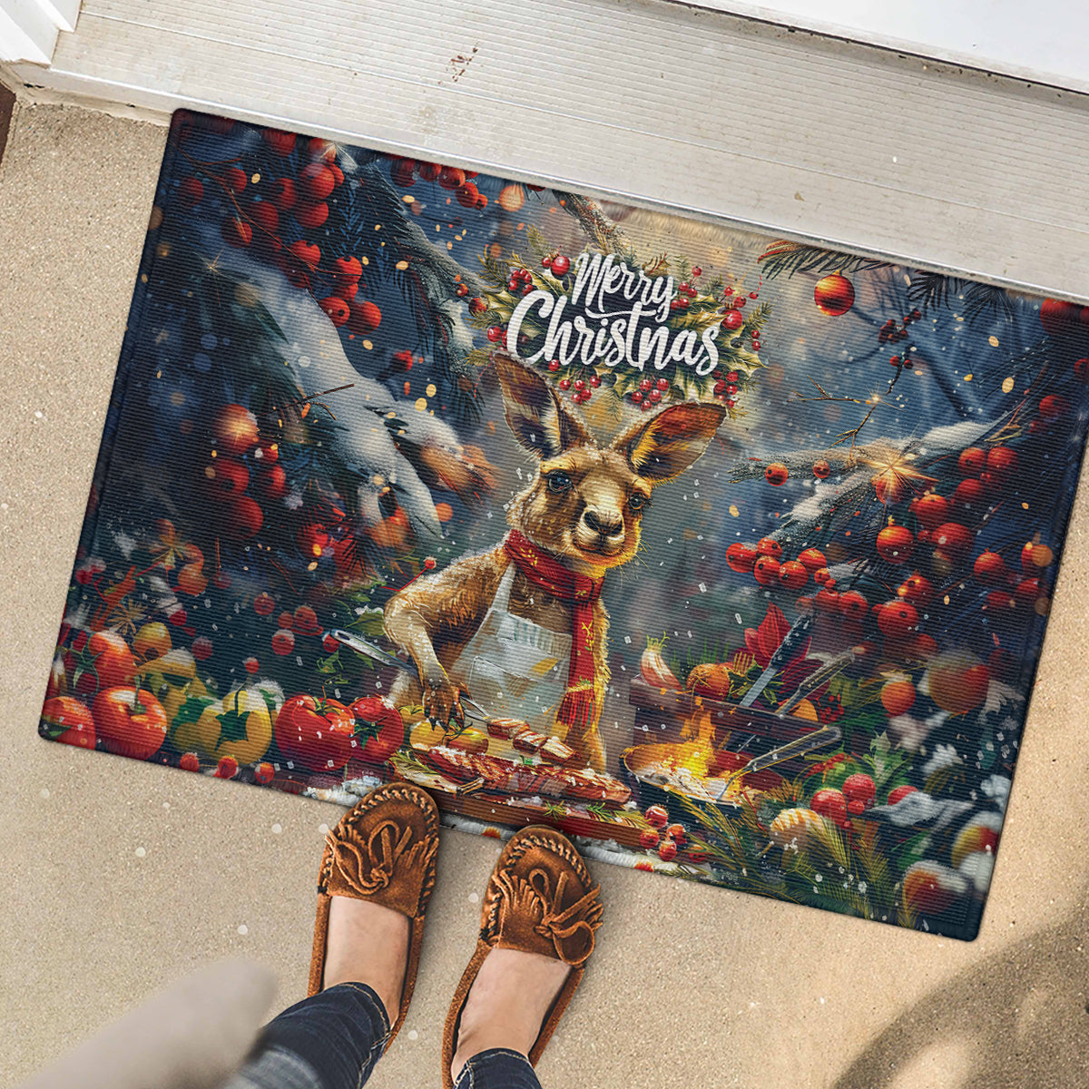 Kangaroo Chef Christmas in July Rubber Doormat