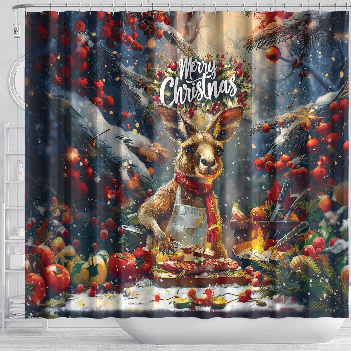Kangaroo Chef Christmas in July Shower Curtain