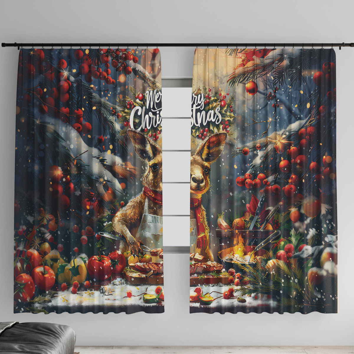 Kangaroo Chef Christmas in July Window Curtain
