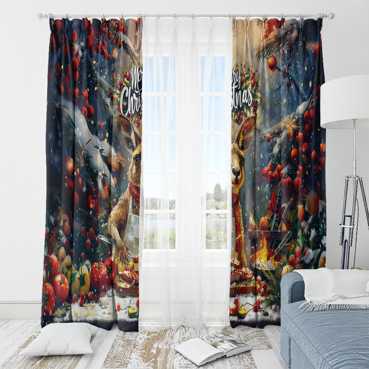 Kangaroo Chef Christmas in July Window Curtain