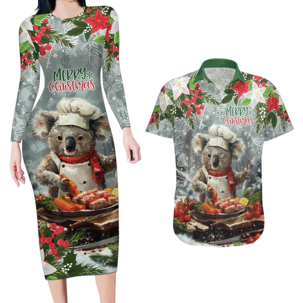 Personalised Koala Chef Christmas in July Couples Matching Long Sleeve Bodycon Dress and Hawaiian Shirt