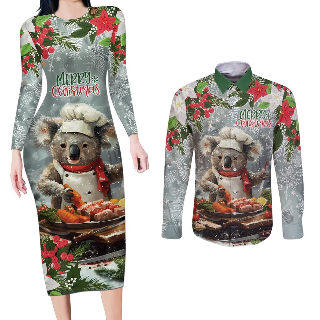 Personalised Koala Chef Christmas in July Couples Matching Long Sleeve Bodycon Dress and Long Sleeve Button Shirt