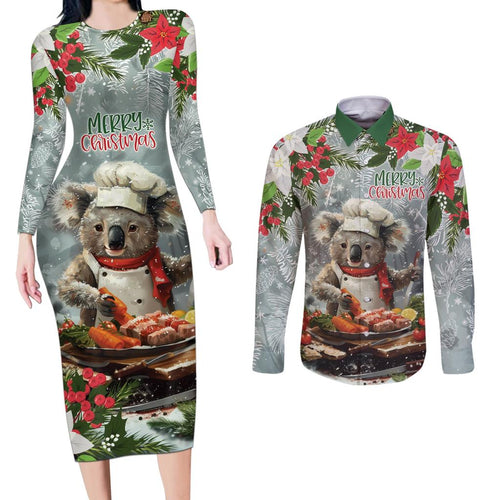 Personalised Koala Chef Christmas in July Couples Matching Long Sleeve Bodycon Dress and Long Sleeve Button Shirt