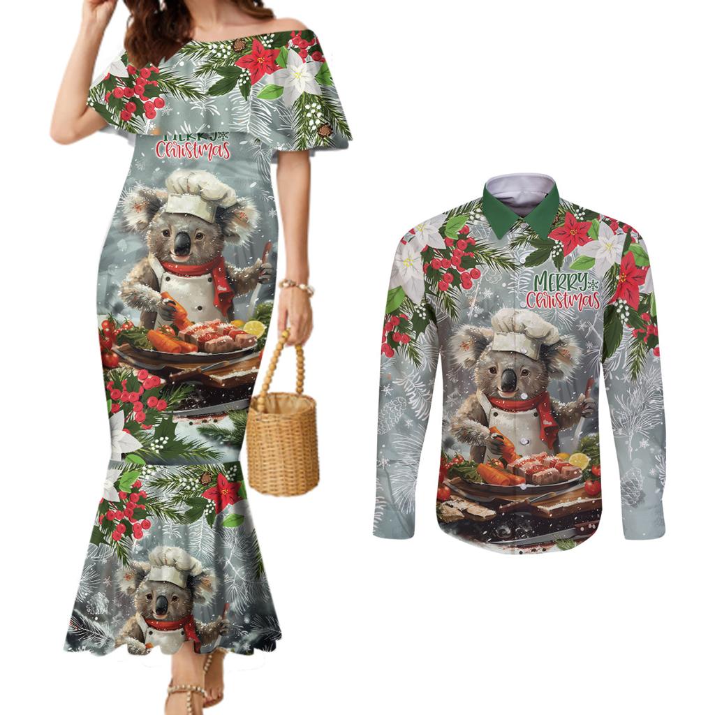 Personalised Koala Chef Christmas in July Couples Matching Mermaid Dress and Long Sleeve Button Shirt