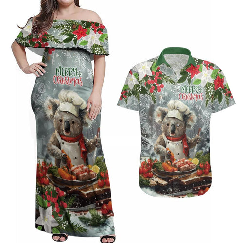 Personalised Koala Chef Christmas in July Couples Matching Off Shoulder Maxi Dress and Hawaiian Shirt