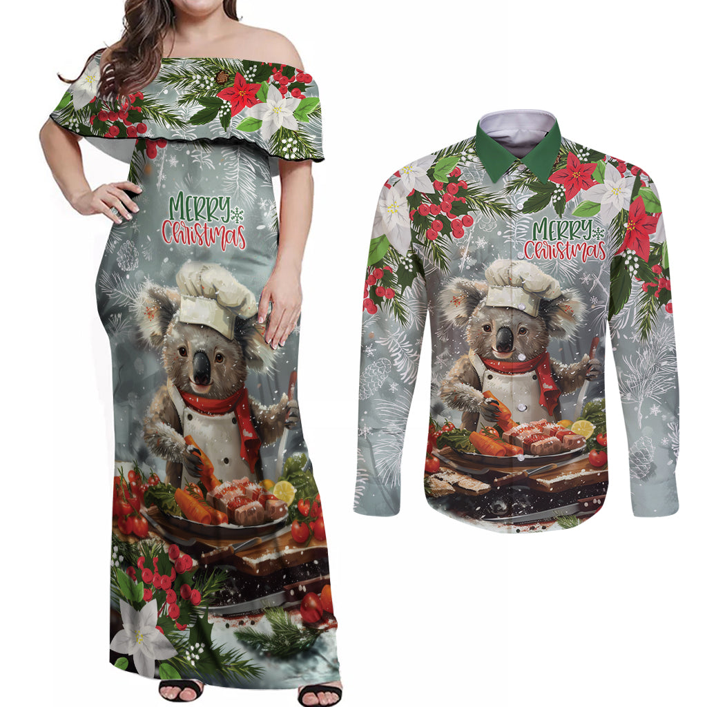 Personalised Koala Chef Christmas in July Couples Matching Off Shoulder Maxi Dress and Long Sleeve Button Shirt