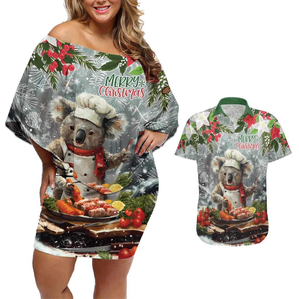 Personalised Koala Chef Christmas in July Couples Matching Off Shoulder Short Dress and Hawaiian Shirt
