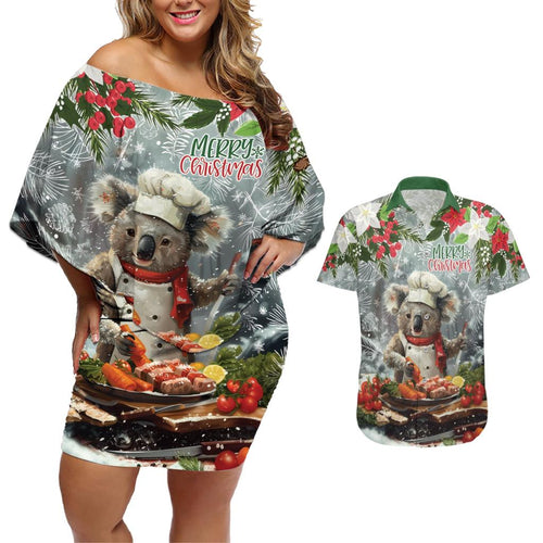 Personalised Koala Chef Christmas in July Couples Matching Off Shoulder Short Dress and Hawaiian Shirt