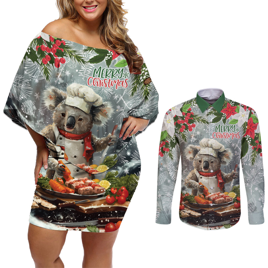Personalised Koala Chef Christmas in July Couples Matching Off Shoulder Short Dress and Long Sleeve Button Shirt