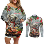 Personalised Koala Chef Christmas in July Couples Matching Off Shoulder Short Dress and Long Sleeve Button Shirt