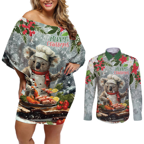 Personalised Koala Chef Christmas in July Couples Matching Off Shoulder Short Dress and Long Sleeve Button Shirt