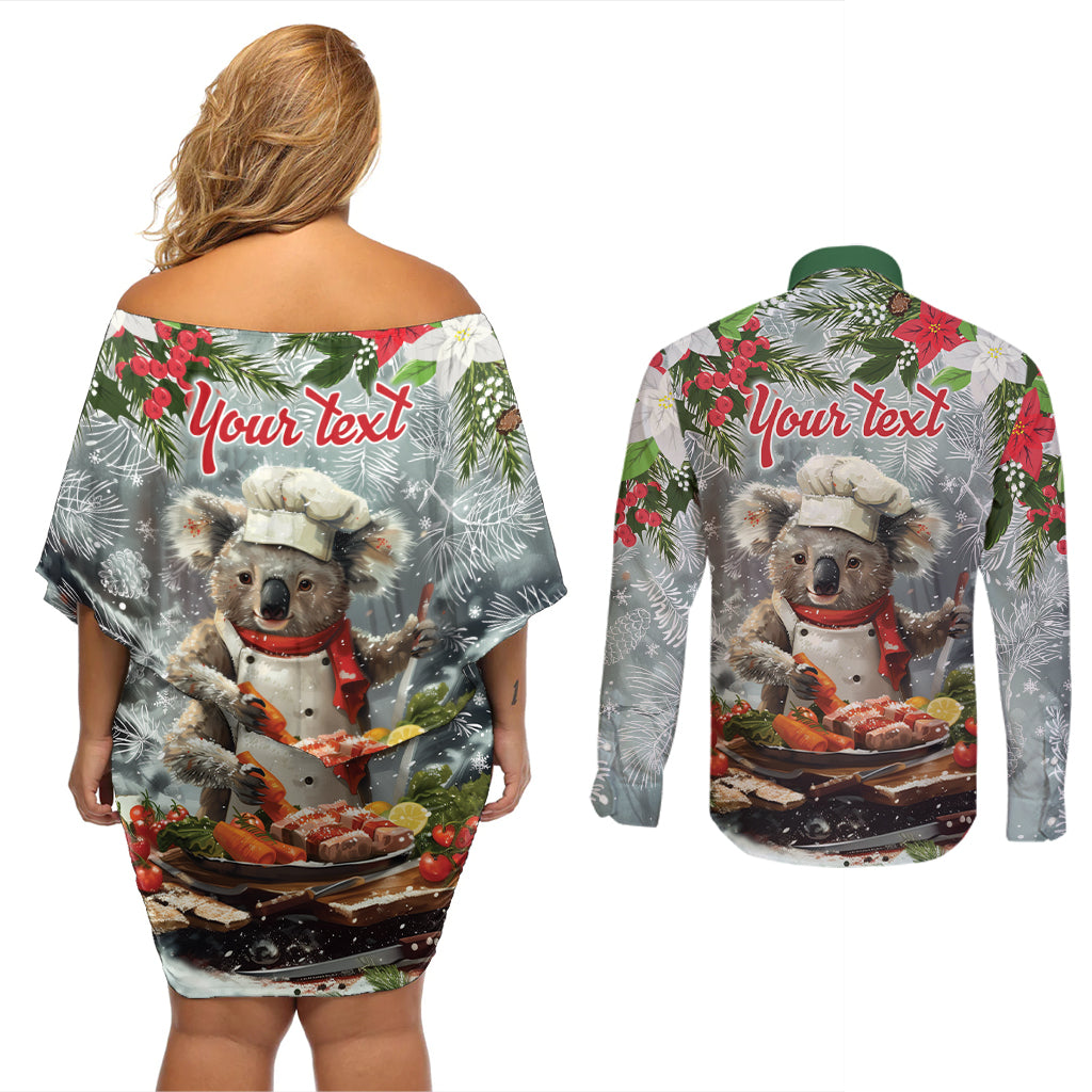 Personalised Koala Chef Christmas in July Couples Matching Off Shoulder Short Dress and Long Sleeve Button Shirt