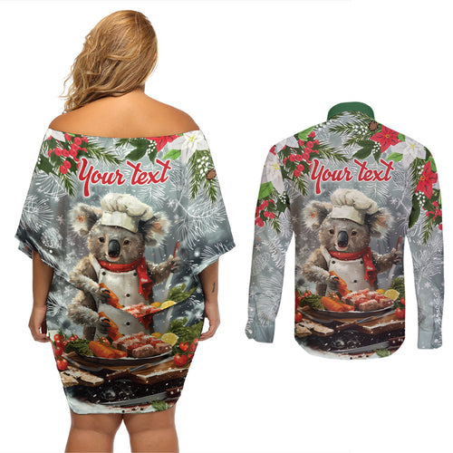 Personalised Koala Chef Christmas in July Couples Matching Off Shoulder Short Dress and Long Sleeve Button Shirt