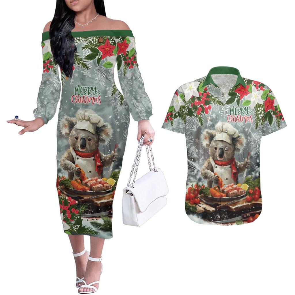 Personalised Koala Chef Christmas in July Couples Matching Off The Shoulder Long Sleeve Dress and Hawaiian Shirt