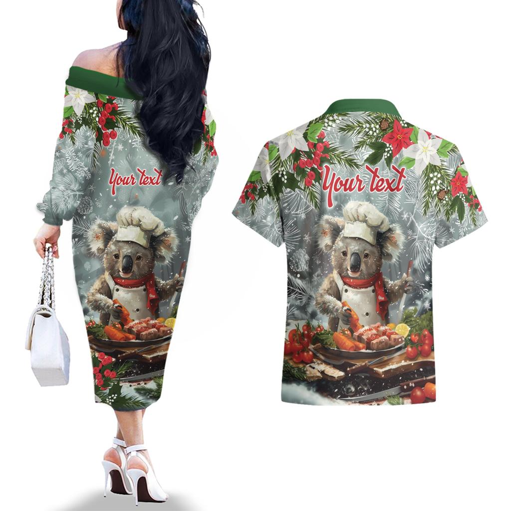 Personalised Koala Chef Christmas in July Couples Matching Off The Shoulder Long Sleeve Dress and Hawaiian Shirt