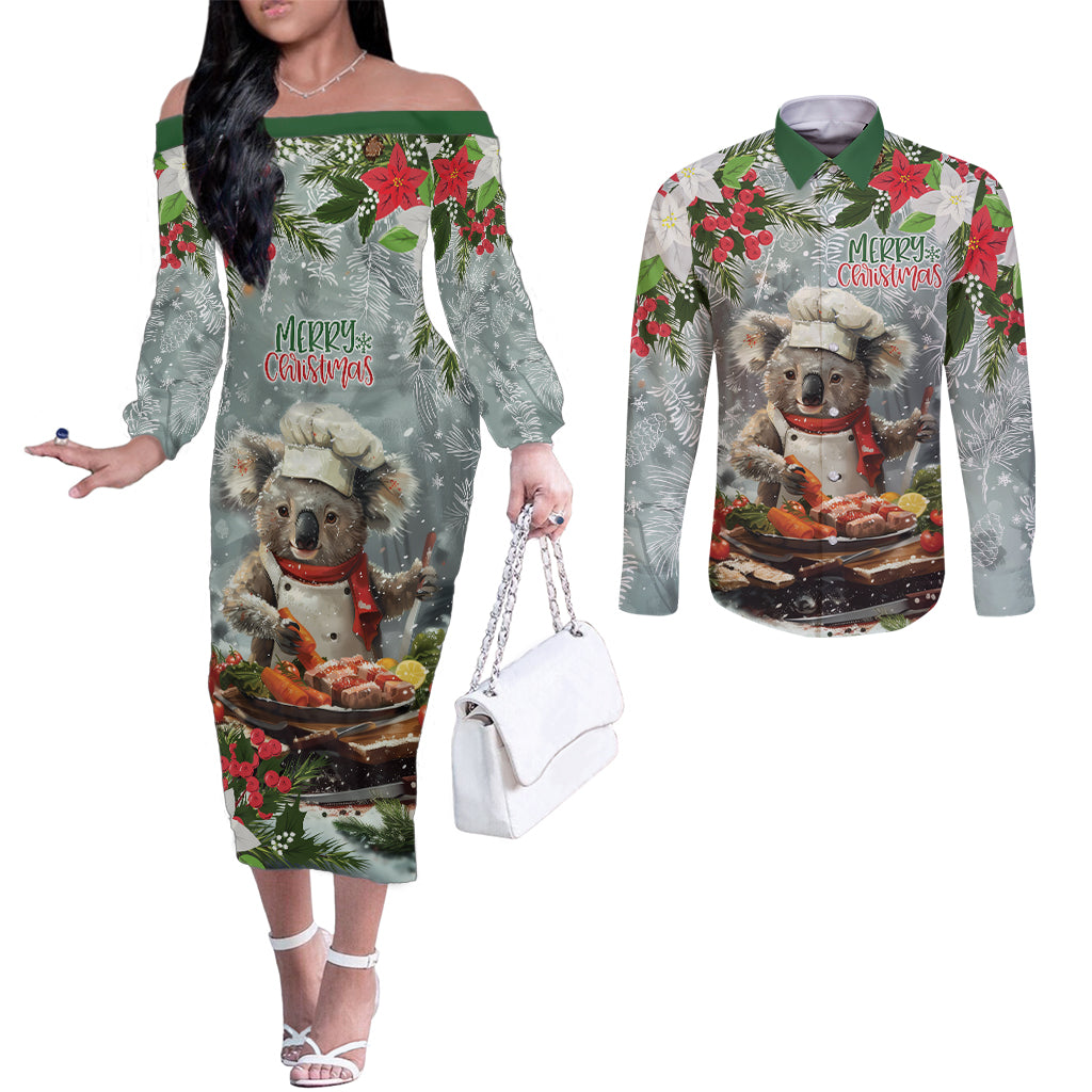 Personalised Koala Chef Christmas in July Couples Matching Off The Shoulder Long Sleeve Dress and Long Sleeve Button Shirt