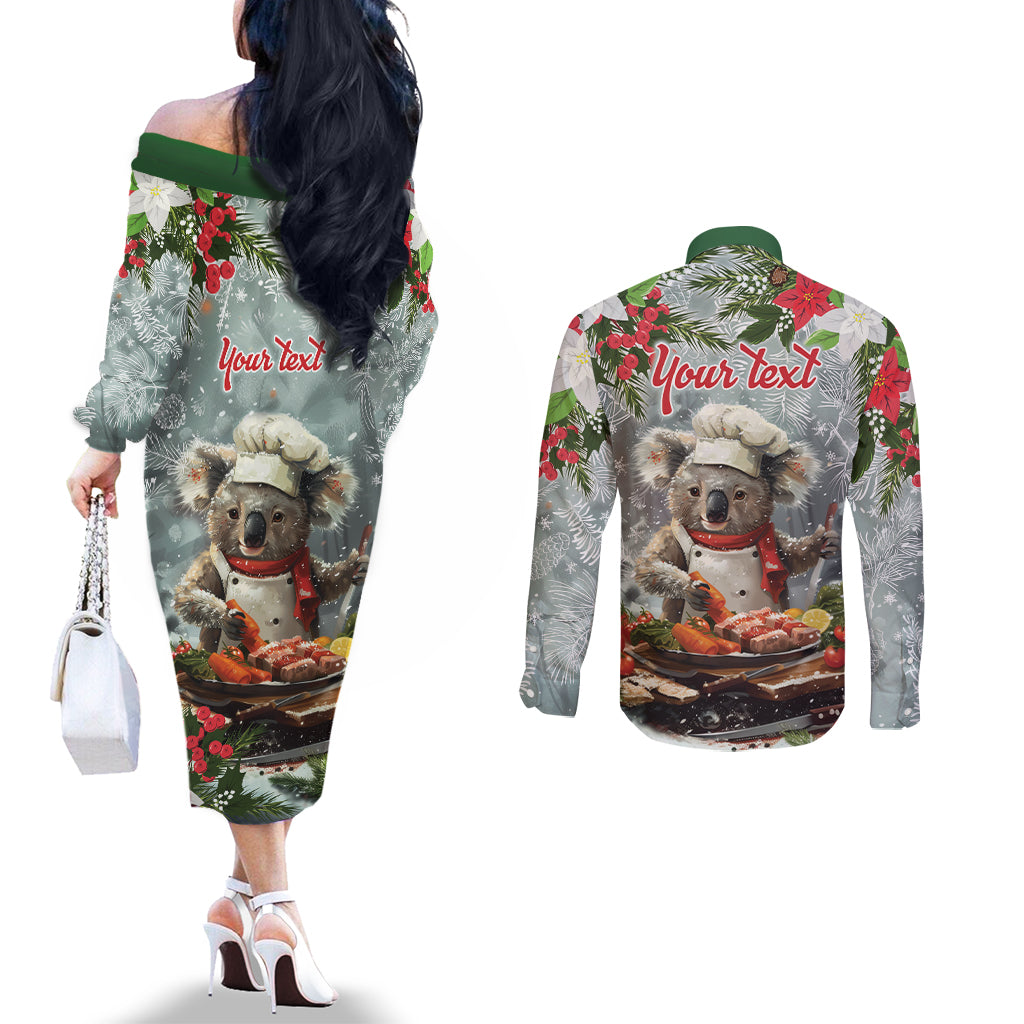Personalised Koala Chef Christmas in July Couples Matching Off The Shoulder Long Sleeve Dress and Long Sleeve Button Shirt