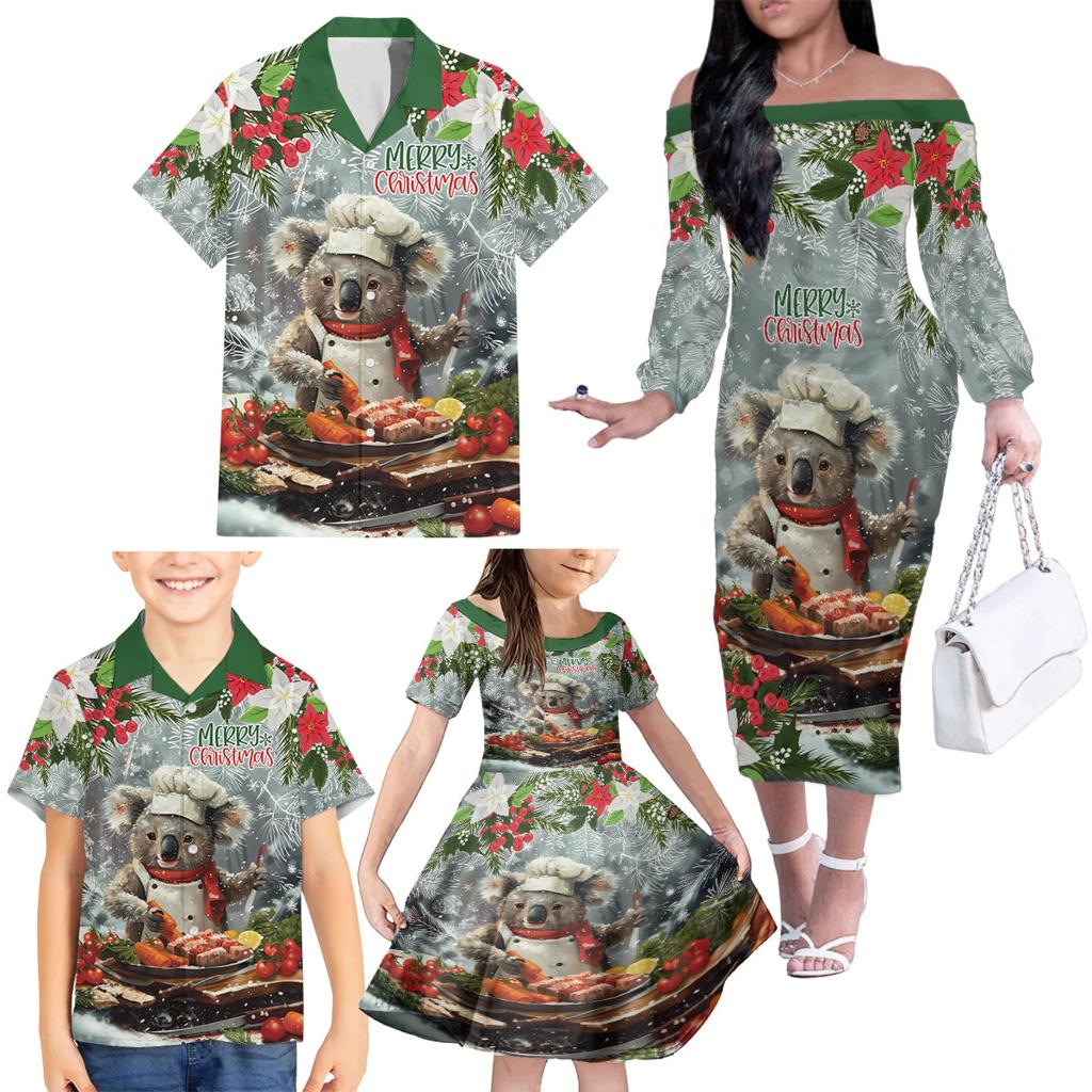 Personalised Koala Chef Christmas in July Family Matching Off The Shoulder Long Sleeve Dress and Hawaiian Shirt
