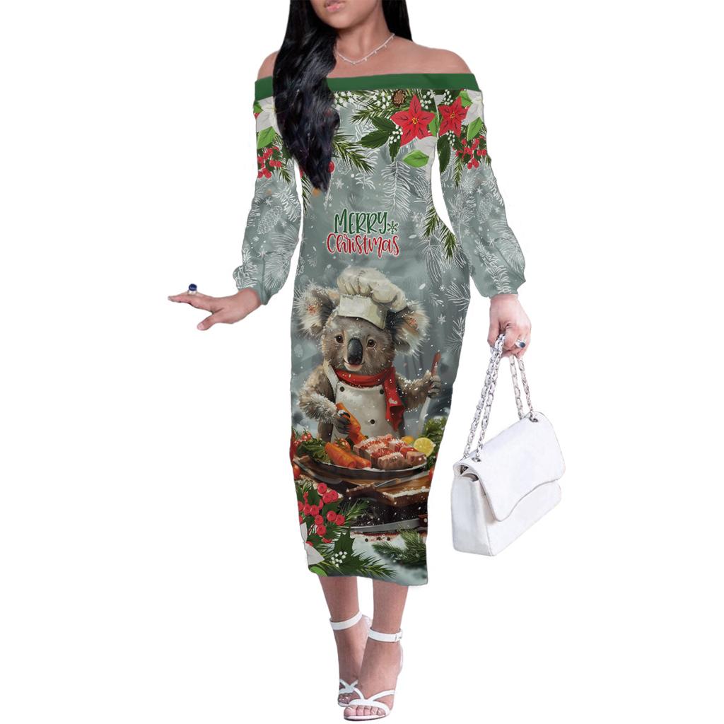 Personalised Koala Chef Christmas in July Family Matching Off The Shoulder Long Sleeve Dress and Hawaiian Shirt