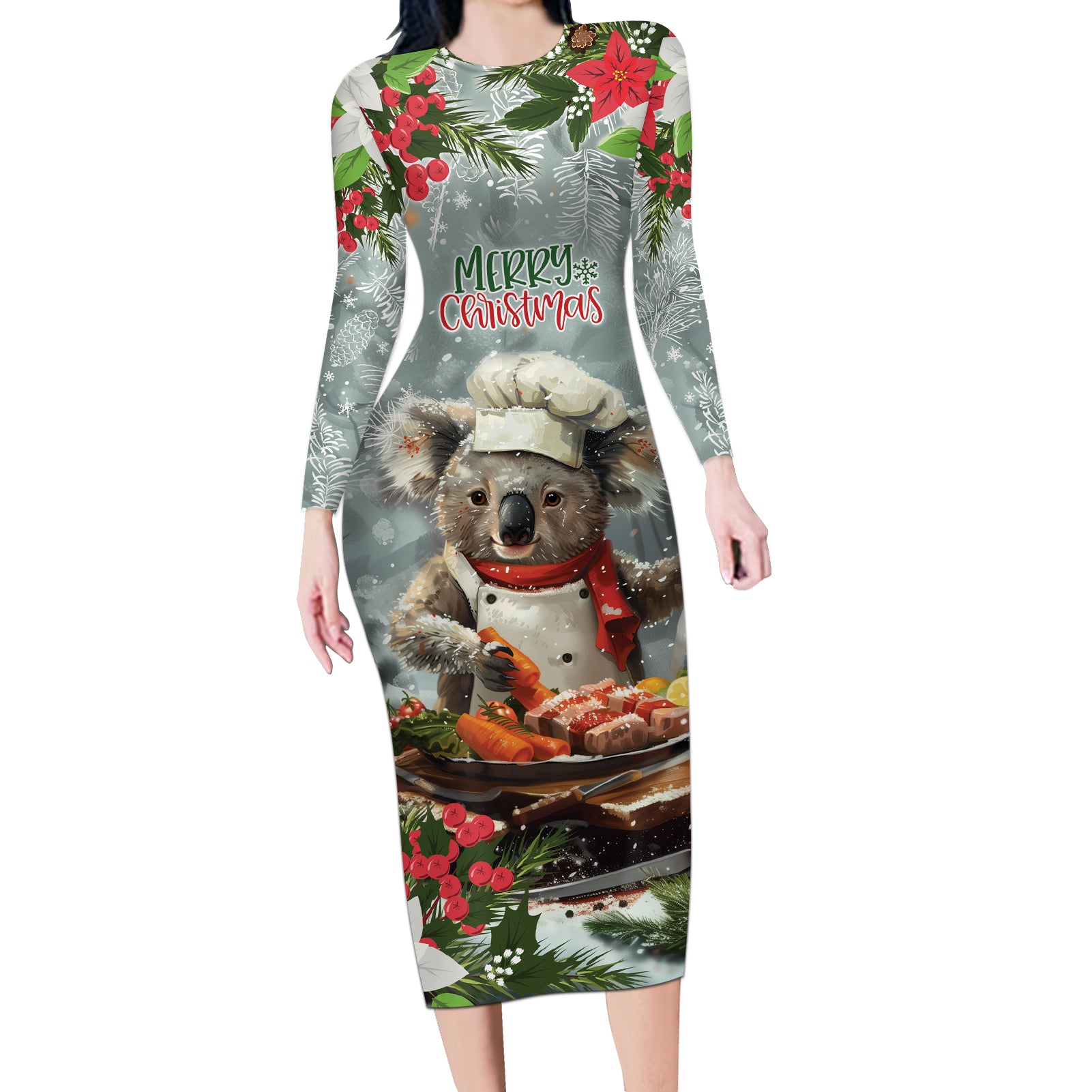 Personalised Koala Chef Christmas in July Long Sleeve Bodycon Dress