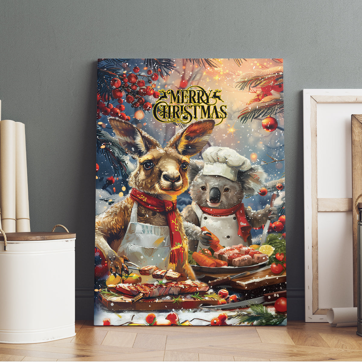 Aussie Christmas Kangaroo and Koala Canvas Wall Art