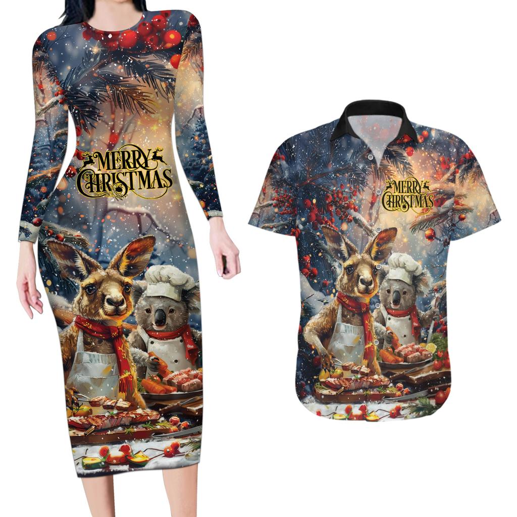 Personalised Aussie Christmas Kangaroo and Koala Couples Matching Long Sleeve Bodycon Dress and Hawaiian Shirt