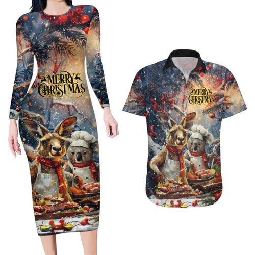 Personalised Aussie Christmas Kangaroo and Koala Couples Matching Long Sleeve Bodycon Dress and Hawaiian Shirt