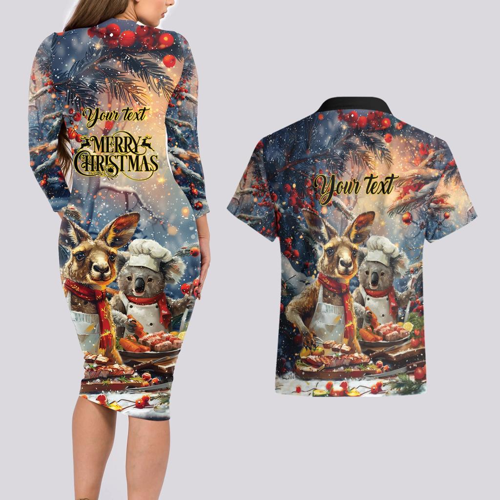 Personalised Aussie Christmas Kangaroo and Koala Couples Matching Long Sleeve Bodycon Dress and Hawaiian Shirt