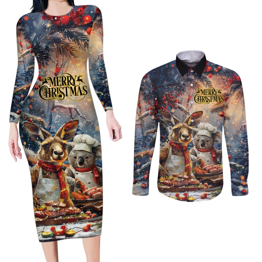 Personalised Aussie Christmas Kangaroo and Koala Couples Matching Long Sleeve Bodycon Dress and Long Sleeve Button Shirt