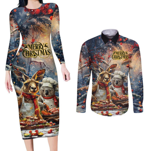 Personalised Aussie Christmas Kangaroo and Koala Couples Matching Long Sleeve Bodycon Dress and Long Sleeve Button Shirt