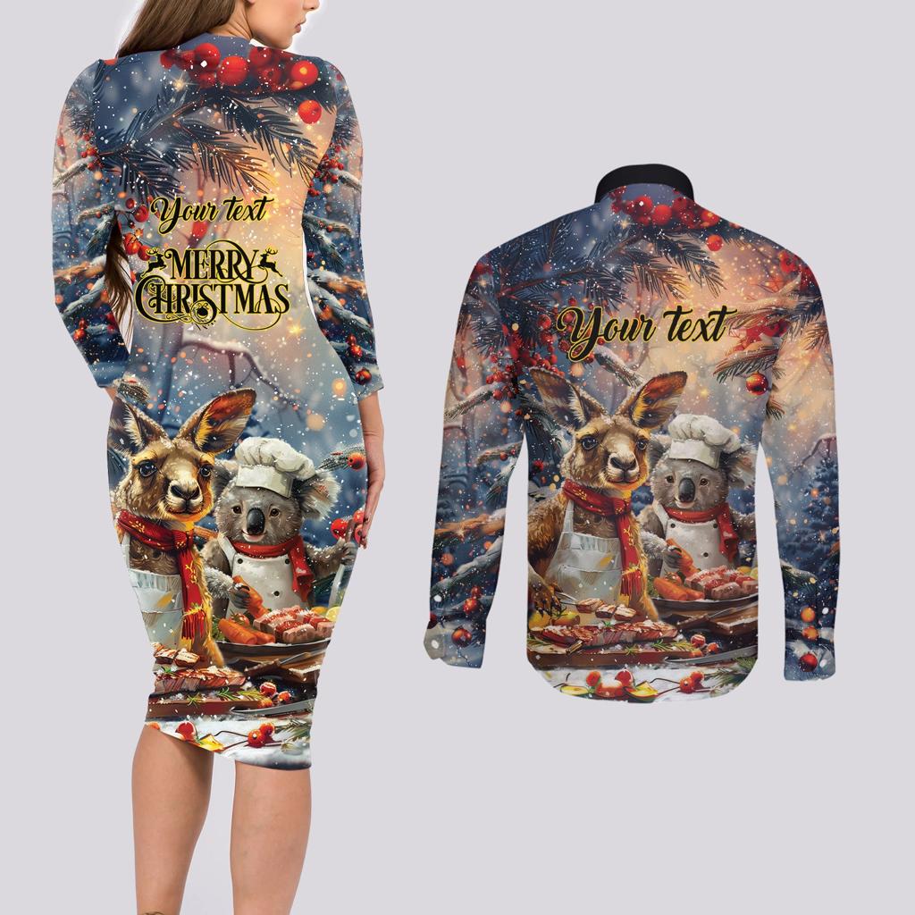 Personalised Aussie Christmas Kangaroo and Koala Couples Matching Long Sleeve Bodycon Dress and Long Sleeve Button Shirt