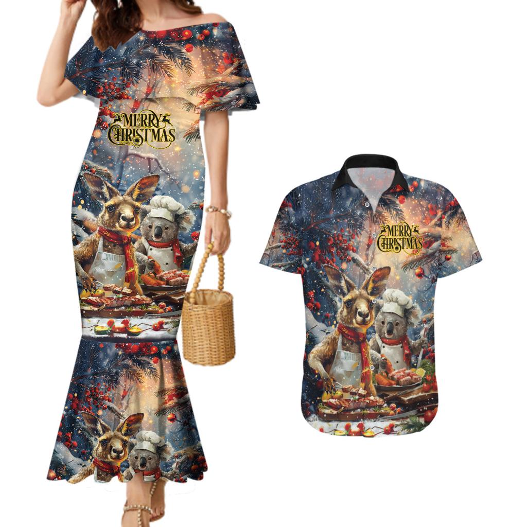 Personalised Aussie Christmas Kangaroo and Koala Couples Matching Mermaid Dress and Hawaiian Shirt