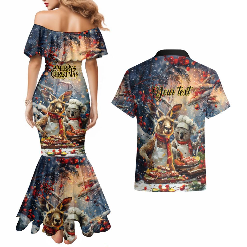 Personalised Aussie Christmas Kangaroo and Koala Couples Matching Mermaid Dress and Hawaiian Shirt