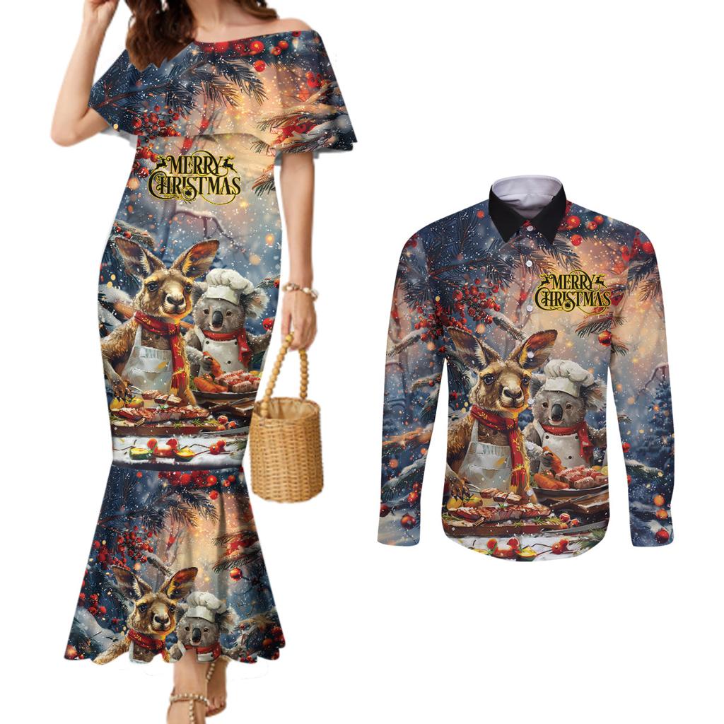 Personalised Aussie Christmas Kangaroo and Koala Couples Matching Mermaid Dress and Long Sleeve Button Shirt