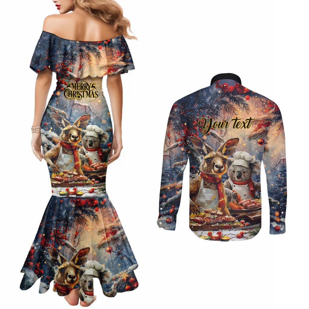 Personalised Aussie Christmas Kangaroo and Koala Couples Matching Mermaid Dress and Long Sleeve Button Shirt