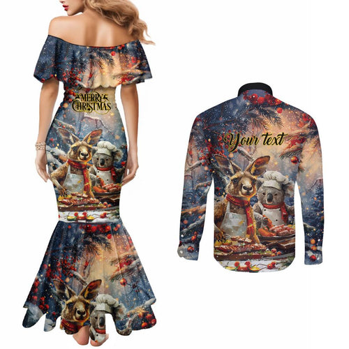 Personalised Aussie Christmas Kangaroo and Koala Couples Matching Mermaid Dress and Long Sleeve Button Shirt