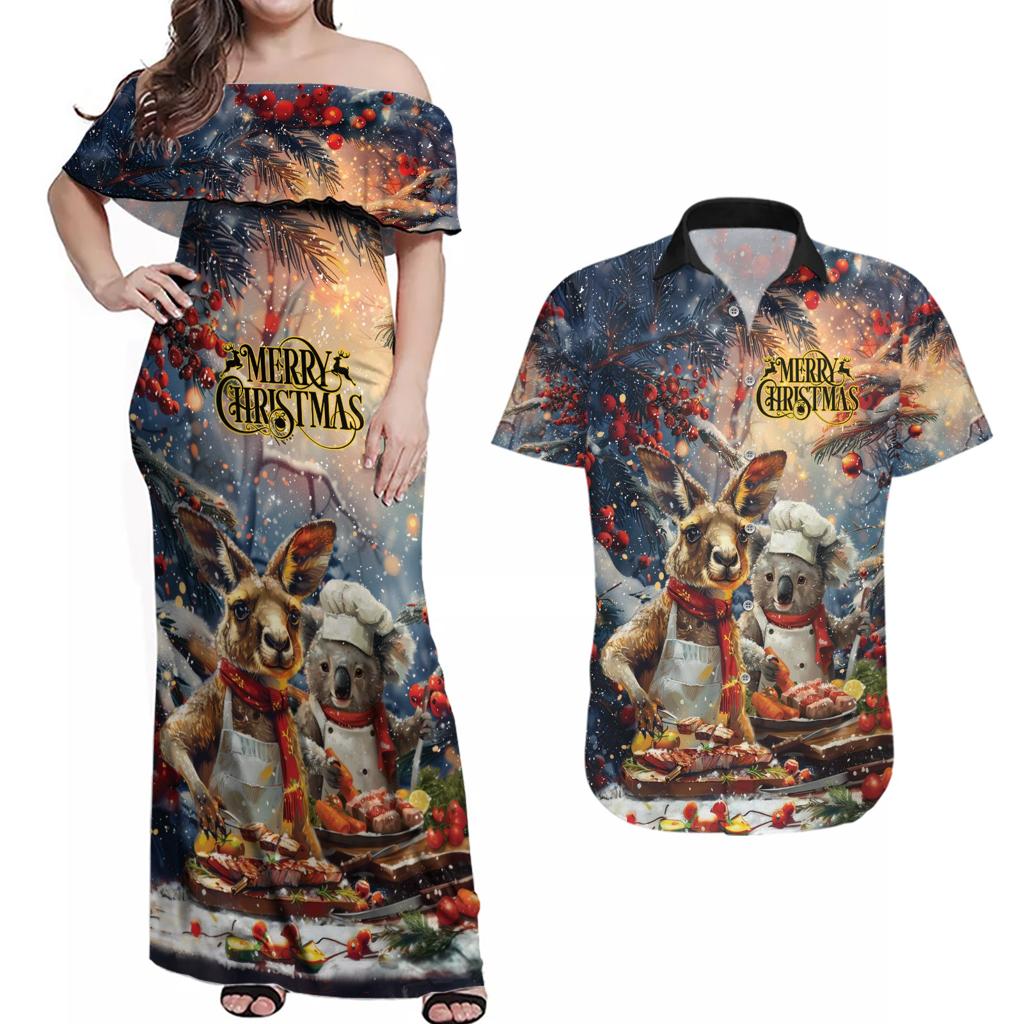 Personalised Aussie Christmas Kangaroo and Koala Couples Matching Off Shoulder Maxi Dress and Hawaiian Shirt
