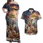 Personalised Aussie Christmas Kangaroo and Koala Couples Matching Off Shoulder Maxi Dress and Hawaiian Shirt