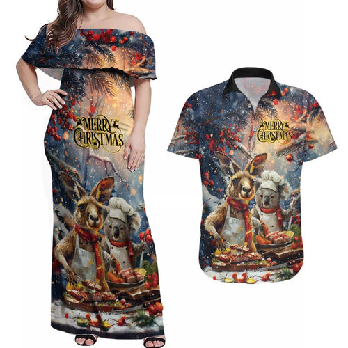 Personalised Aussie Christmas Kangaroo and Koala Couples Matching Off Shoulder Maxi Dress and Hawaiian Shirt
