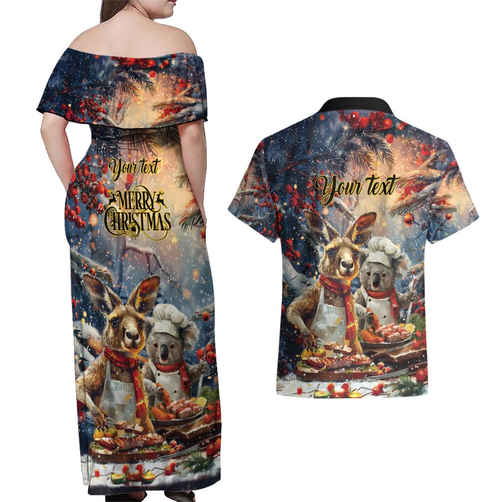 Personalised Aussie Christmas Kangaroo and Koala Couples Matching Off Shoulder Maxi Dress and Hawaiian Shirt