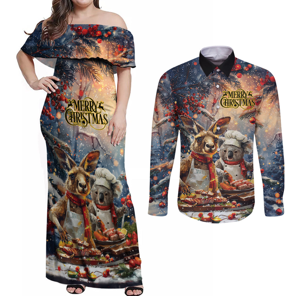 Personalised Aussie Christmas Kangaroo and Koala Couples Matching Off Shoulder Maxi Dress and Long Sleeve Button Shirt