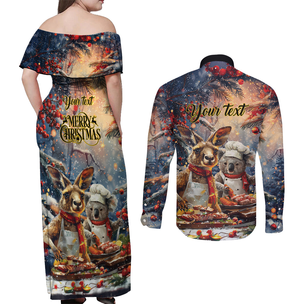 Personalised Aussie Christmas Kangaroo and Koala Couples Matching Off Shoulder Maxi Dress and Long Sleeve Button Shirt